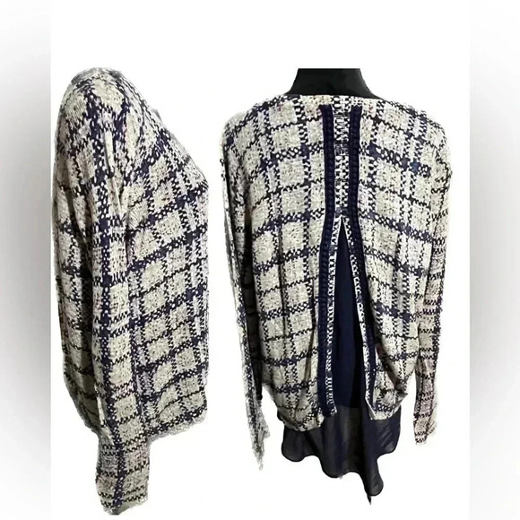 Lucky Brand mixed media plum and navy open back sweater XL - Picture 2 of 5